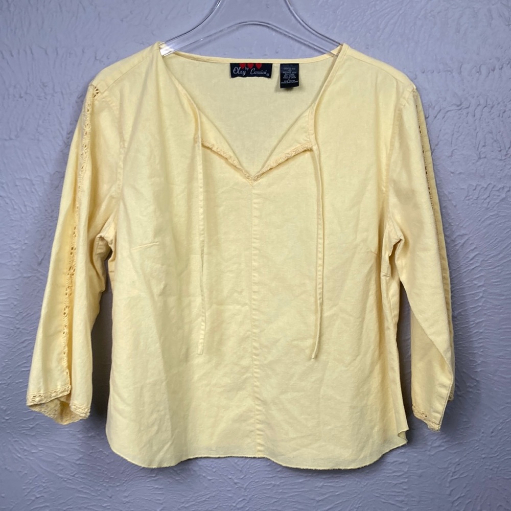 Oleg Cassini Pastel Yellow Linen Blend Top Women's Size Large
